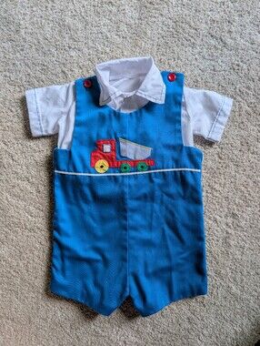 12 Month Blue Vintage Jon Jons Shortalls Set with Red Truck Appliqué Handmade